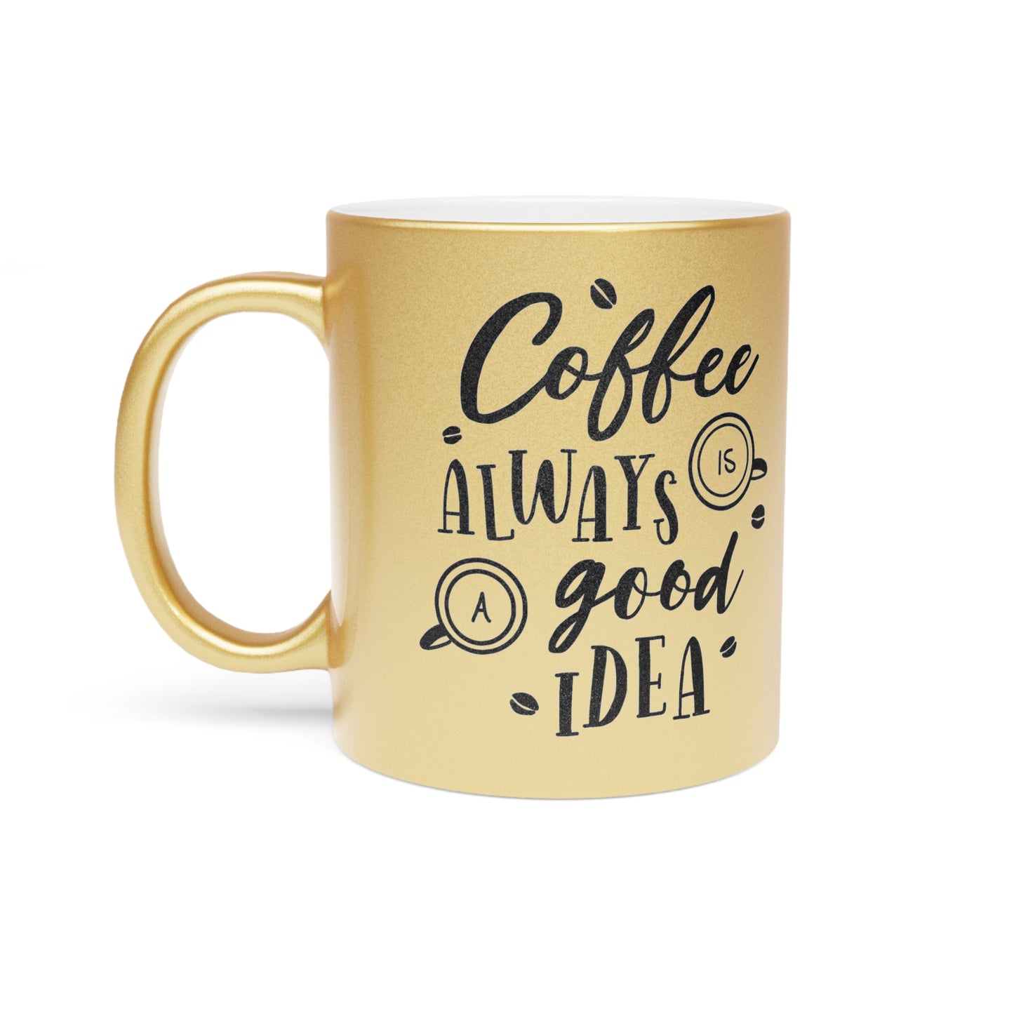 Taza con la frase "Buena idea" (plata y oro)